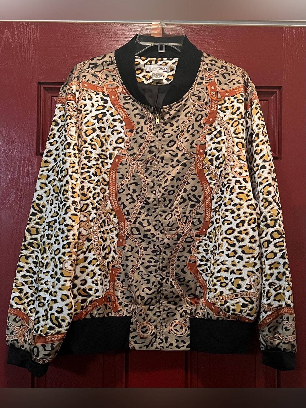 WD.NY Leopard Print Bomber Jacket with Brown Chain Detail